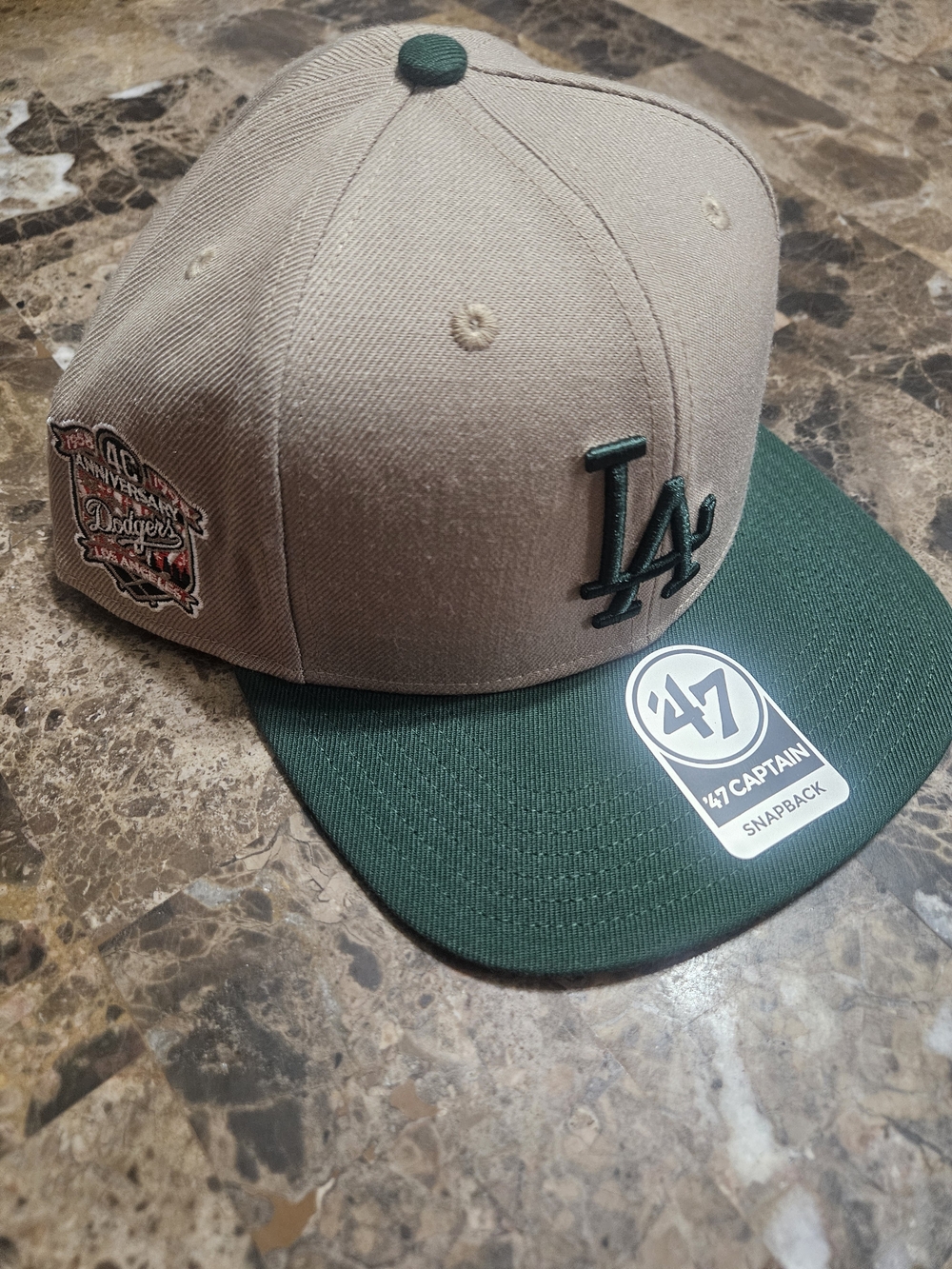 ’47 Los Angeles Dodgers Snapback Cap in Tan and Green Orange Underbrim LA